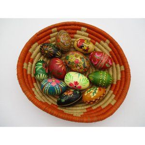 Vintage Rattan Basket with 12 Colorful Hand Painted Wood Eggs